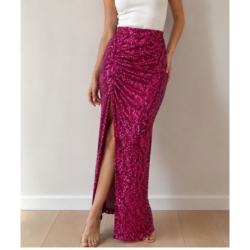 R.G. Kane NWOT Sequin Maxi Skirt Women XS Berry Magenta Ruched High Slit